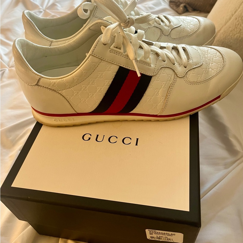 Authentic Gucci Men's White Sneakers with Red and Navy Accents